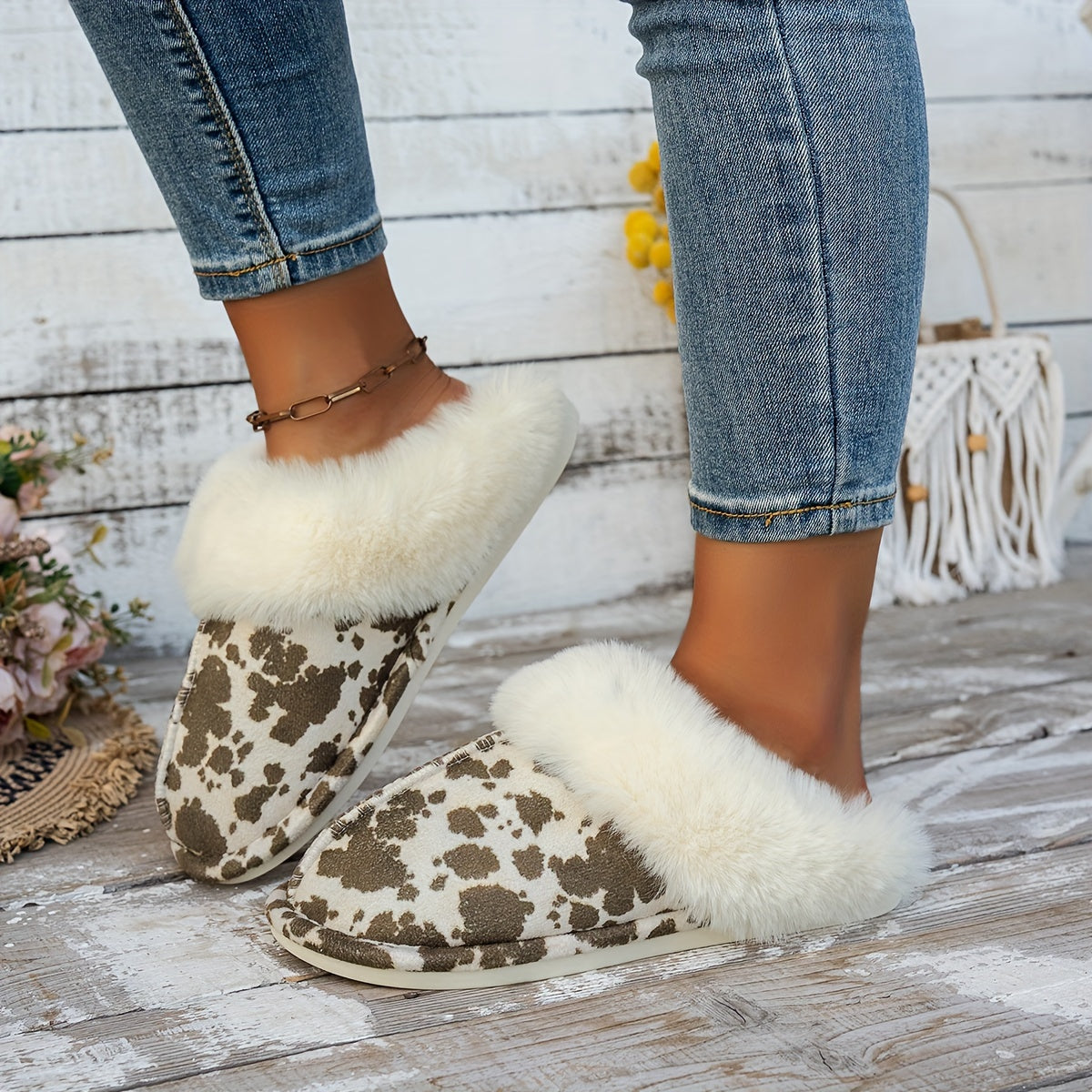 Cozy Winter Plush Slippers for Women - Fashionable Beige with Cow Print, Thick Fleece Lining, Warm & Non-Slip Sole, Comfortable Indoor Footwear, Ladies Slippers